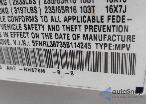 2005 Honda Odyssey Ex-L z USA, uszkodzony, nr VIN 5FNRL38735B114245